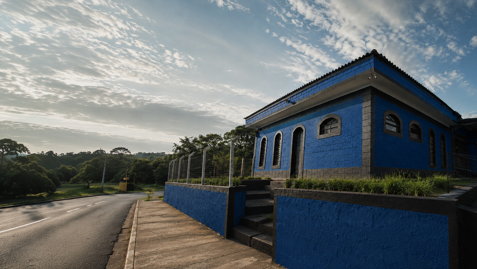 Fachada lateral da Alumax Distribuidora · prédio azul, estrada e horizonte