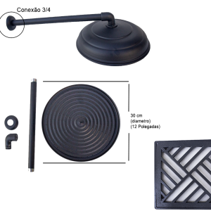 Kit Ducha Fria 12 e Ralo 20x20 Alumínio Preto Fosco